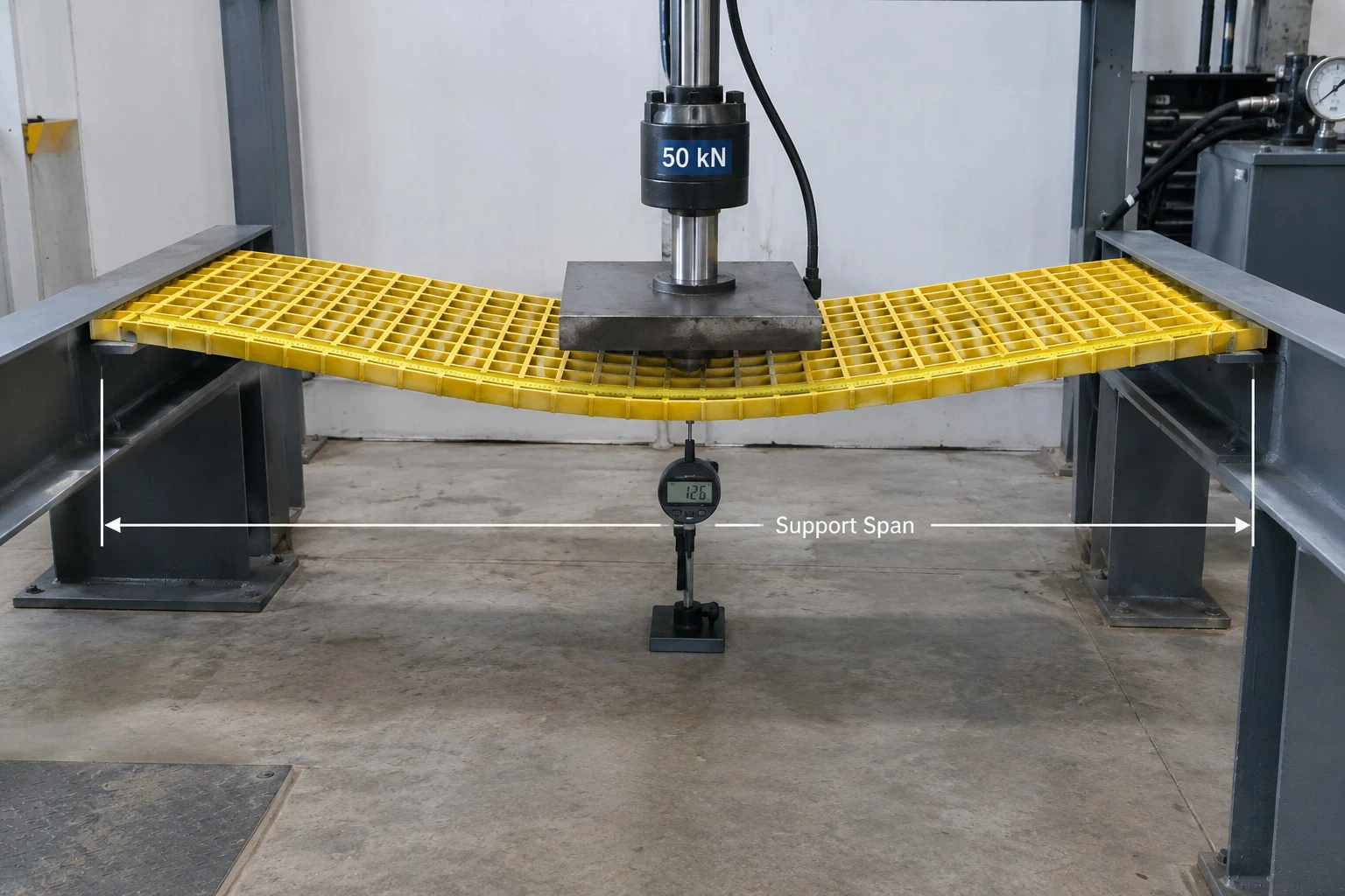 FRP grating panel deflecting under a controlled load between structural supports FRP grating panel deflecting under a controlled load between structural supports